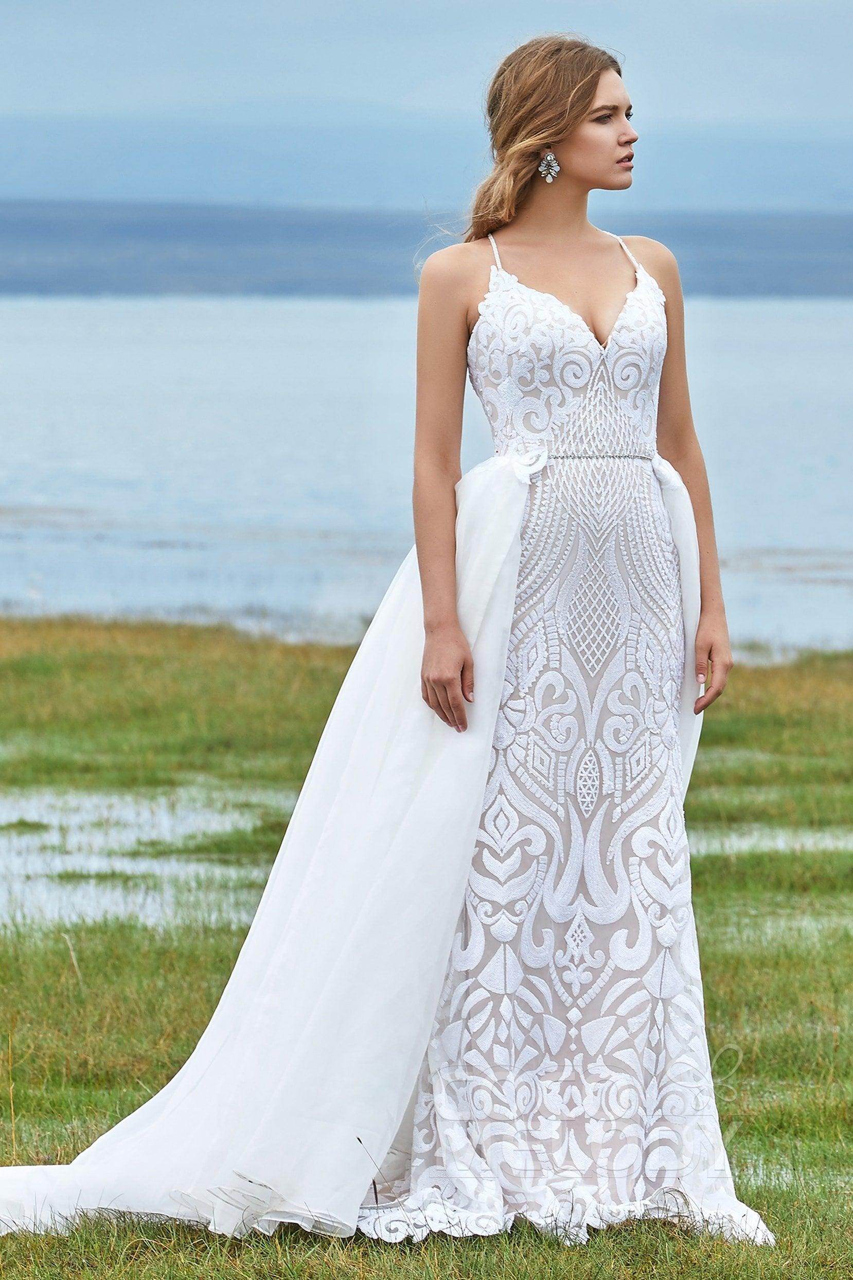 Mermaid Court Train Sequined Lace Wedding Dress LD5780 - COCOMELODY